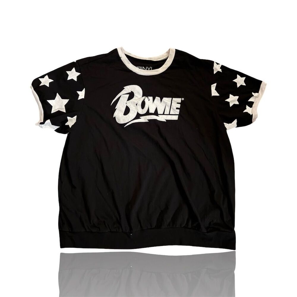 David Bowie Graphic Ringer Tee Short Sleeve Womens SZ 2: Vinyl Icons: Black Star